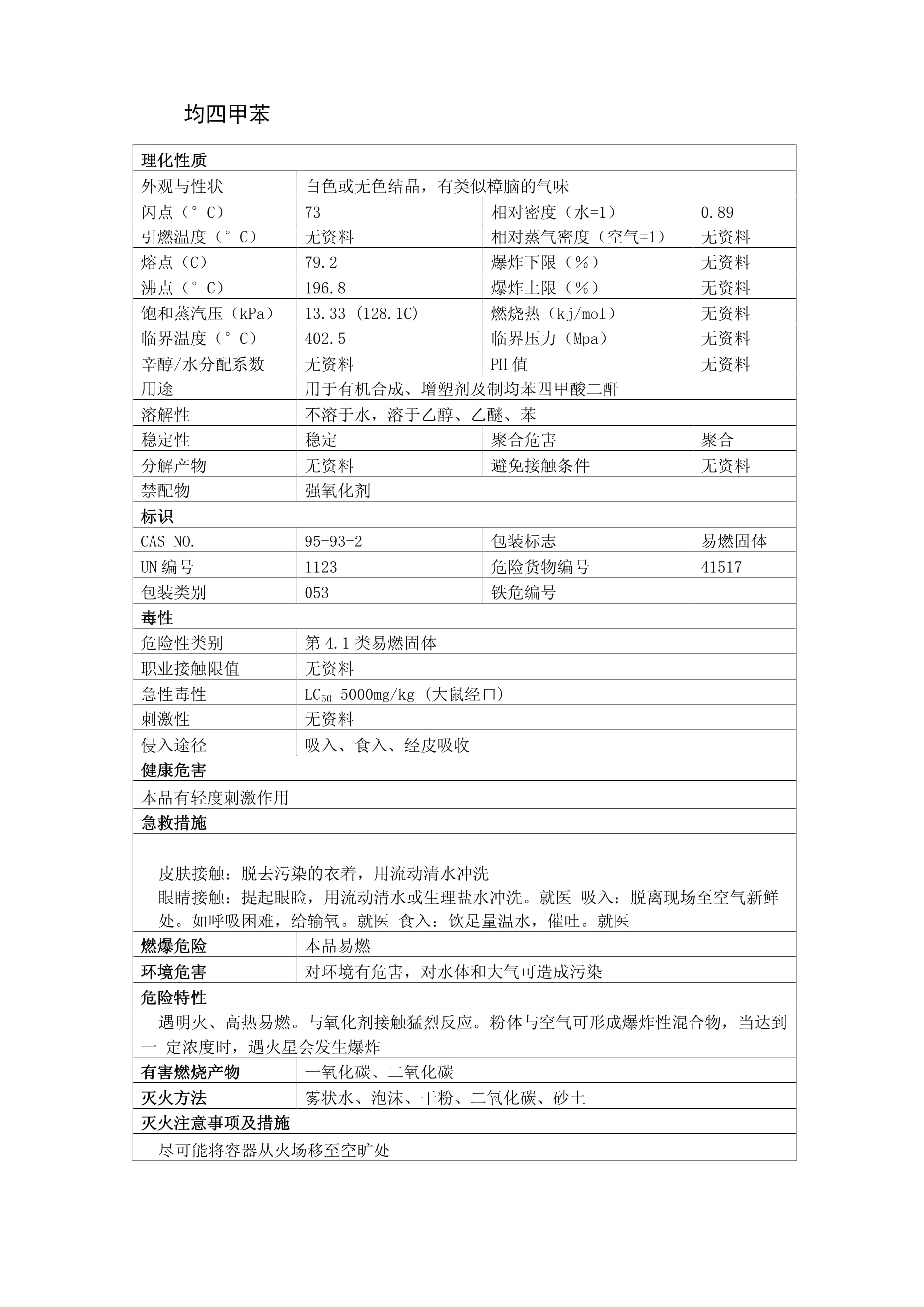 均四甲苯安全技術(shù)說明書